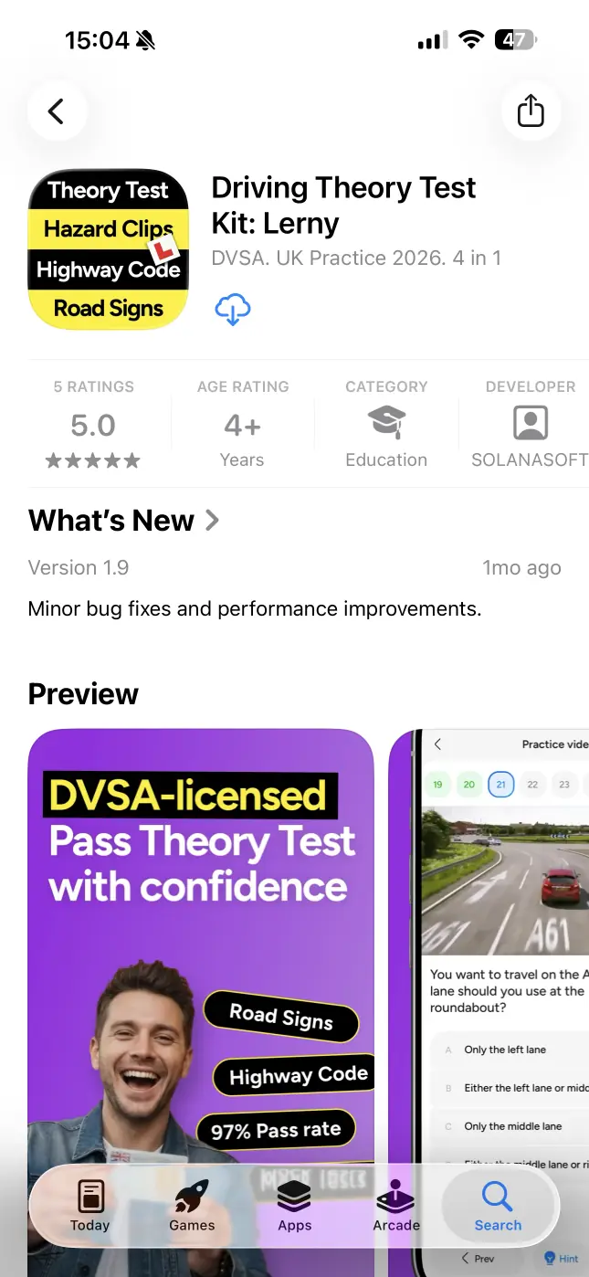 Lerny — driving theory test app screen 1